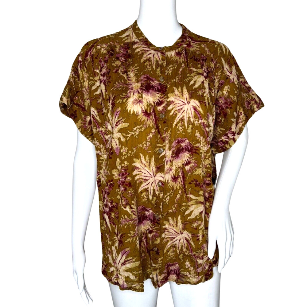 Pilcro Shirt Womens Small Medium Mustard Yellow Pink Tropical Floral Cruisewear